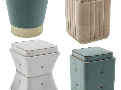 Stylish Upholstered Ottomans In Various Colors With Tufted Design And Different Styles 3d model