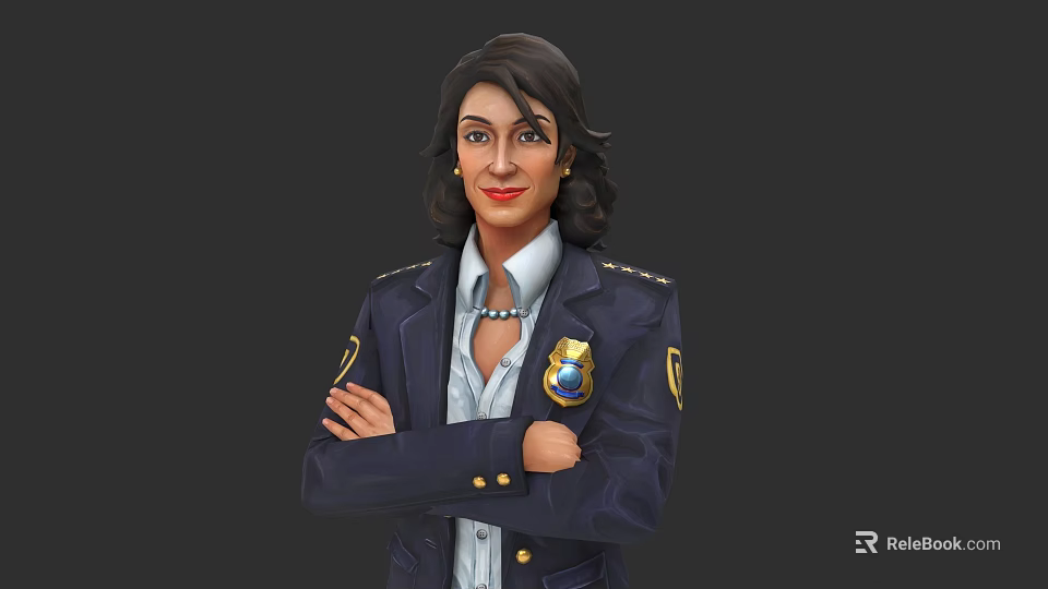 Female Game Movie Character In Navy Blue Police Uniform With Badge And Crossed Arms 3d model 