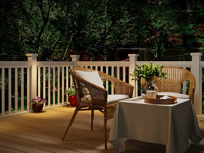 Scenic Evening Patio Landscape With White Railings Wicker Furniture Flower Vase And Trees 3d model