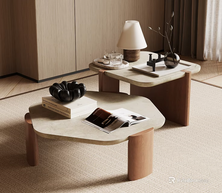 Modern Minimalist Coffee Table With Stone Top Wooden Legs Lamp Magazines And Headphones 3d model 