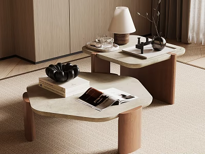 Modern Minimalist Coffee Table With Stone Top Wooden Legs Lamp Magazines And Headphones 3d model