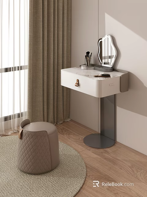 Modern Dressing Table With Marble Top Hexagon Mirror Cosmetic Accessories And Padded Stool 3d model 