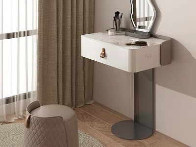 Modern Dressing Table With Marble Top Hexagon Mirror Cosmetic Accessories And Padded Stool 3d model