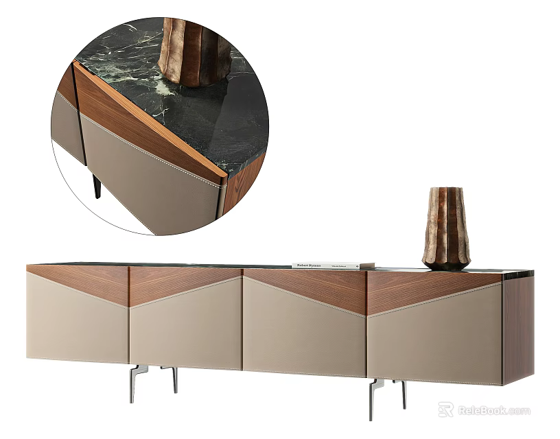 Modern TV Stand With Wood Grain Light Panels Metal Legs And Decorative Vase 3d model 