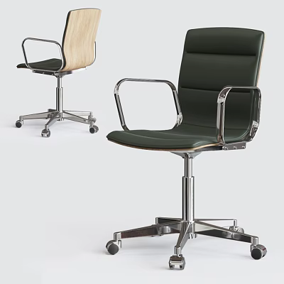 Modern Office Chair With Wooden Backrest Leather Upholstery Chrome Armrests Swivel Casters 3d model