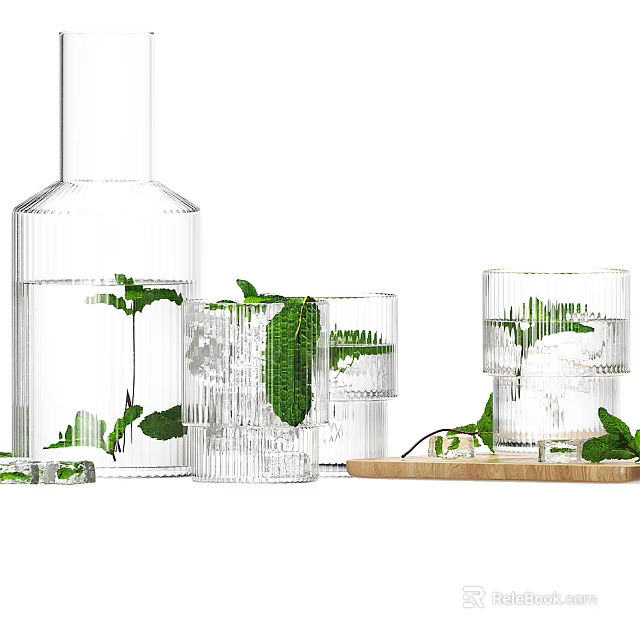 Transparent Glass Cups With Fresh Mint Leaves And Ice Cubes On Wooden Tray 3d model 