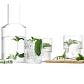Transparent Glass Cups With Fresh Mint Leaves And Ice Cubes On Wooden Tray