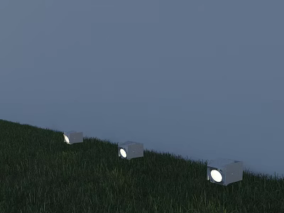Illuminated Square Outdoor Lights On Grassy Slope With Blue Sky Background 3d model