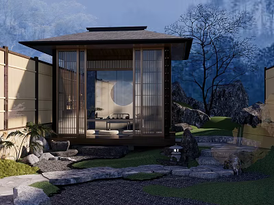 Tranquil Japanese Garden Landscape With Wooden Pavilion Stone Path And Green Plants 3d model
