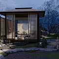Tranquil Japanese Garden Landscape With Wooden Pavilion Stone Path And Green Plants