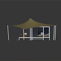 Modern Beige Canopy Tent With Wooden Deck Transparent Glass Walls And Outdoor Furniture