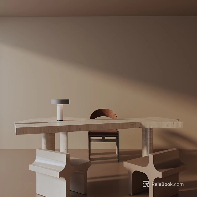 Modern Light Wooden Dining Table Set With Unique Legs Matching Chair And Sleek Lamp 3d model 