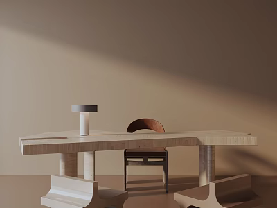Modern Light Wooden Dining Table Set With Unique Legs Matching Chair And Sleek Lamp 3d model