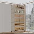 White Storage Cabinet With Multiple Drawers And Woven Baskets For Home Organization