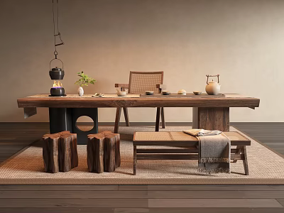 Natural Wooden Tea Table And Chairs Interior With Bench Tea Set And Hanging Lamp 3d model