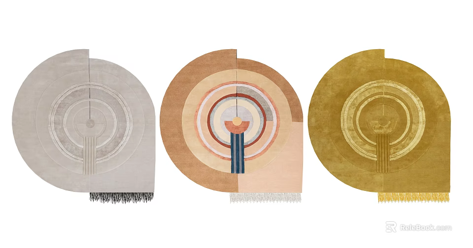 Three Multi Colored Round Stylish Area Rugs with Concentric Circles Central Design and Fringed Edges 3d model 
