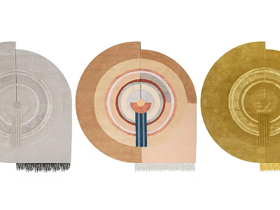 Three Multi Colored Round Stylish Area Rugs with Concentric Circles Central Design and Fringed Edges 3d model