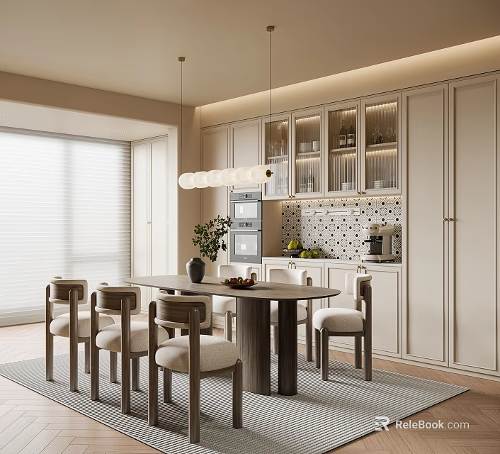 Modern Restaurant Interior With Wooden Dining Table Upholstered Chairs And Pendant Lights 3d model 