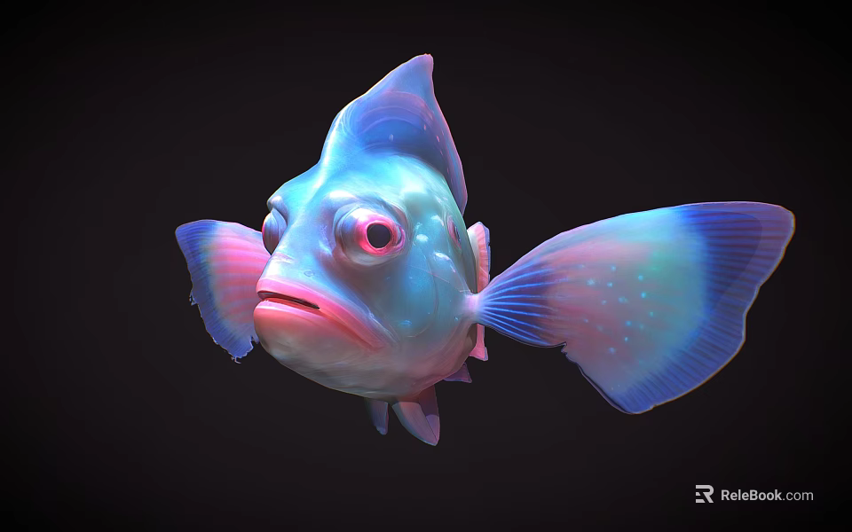 3D Rendered Colorful Fish with Big Eyes Blue and Pink Gradient Fins on Black Background 3d model 