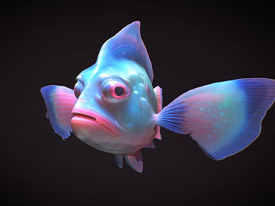 3D Rendered Colorful Fish with Big Eyes Blue and Pink Gradient Fins on Black Background 3d model