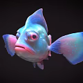 3D Rendered Colorful Fish with Big Eyes Blue and Pink Gradient Fins on Black Background