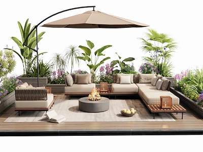 Comfortable Outdoor Sofa with Fire Pit and Umbrella Surrounded by Green Plants on Patio 3d model