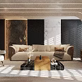 Modern Living Room Interior With Beige Sofa Coffee Table Green Plants And Sunlight