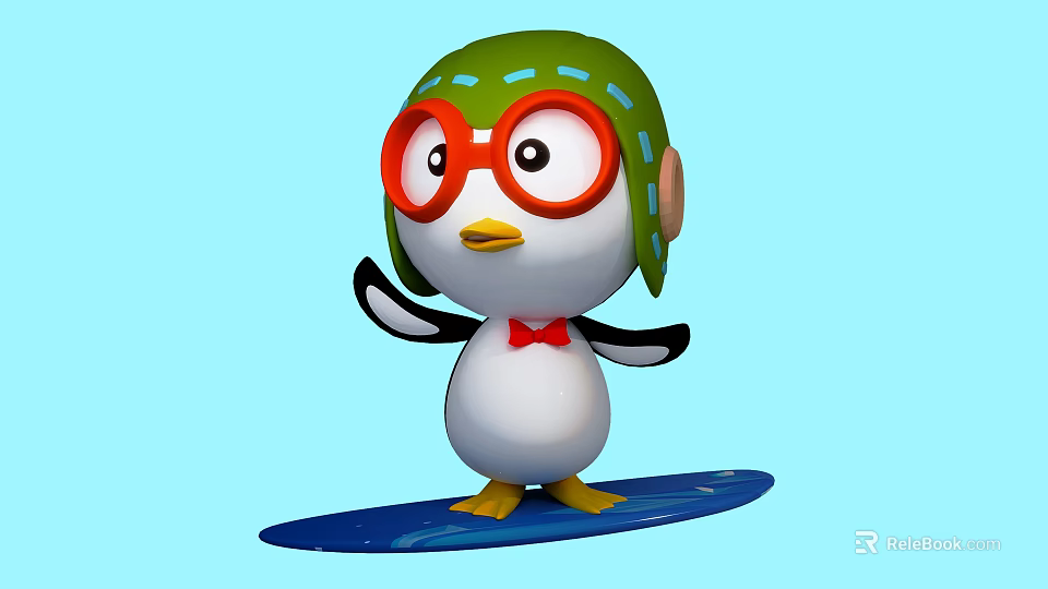 Inflatable Cartoon Penguin Figure With Green Hat Red Glasses Red Bow Tie And Blue Surfboard 3d model 