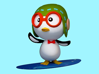 Inflatable Cartoon Penguin Figure With Green Hat Red Glasses Red Bow Tie And Blue Surfboard 3d model