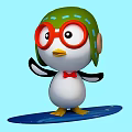Inflatable Cartoon Penguin Figure With Green Hat Red Glasses Red Bow Tie And Blue Surfboard