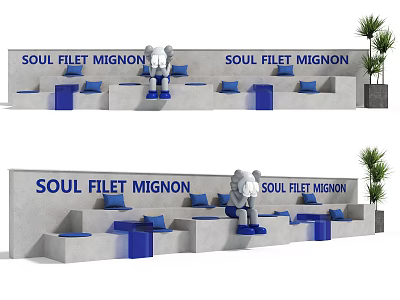 SOUL FILET MIGNON Milk Tea Shop Interior With Blue Seats Gray Walls And Potted Plants 3d model