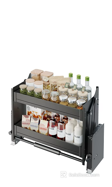 Kitchenware Organizer with Dual Shelves Holding Various Glass Jars Wooden Lids Green Cap Spice Bottles 3d model 