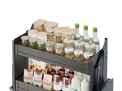 Kitchenware Organizer with Dual Shelves Holding Various Glass Jars Wooden Lids Green Cap Spice Bottles 3d model
