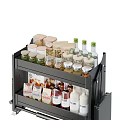 Kitchenware Organizer with Dual Shelves Holding Various Glass Jars Wooden Lids Green Cap Spice Bottles