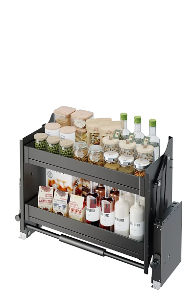 Kitchenware Organizer with Dual Shelves Holding Various Glass Jars Wooden Lids Green Cap Spice Bottles 3d model