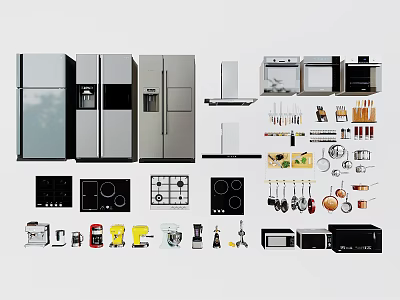 Various Modern Kitchen Appliances Including Refrigerators Ovens Stoves And Small Tools 3d model