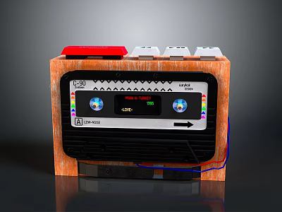 Retro Cassette Player Design With Wooden Casing Red White Buttons And Tape Reel Windows 3d model