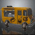 Orange Food Truck With Hamburger Hot Dog Graffiti And Mechanical Style Wheels