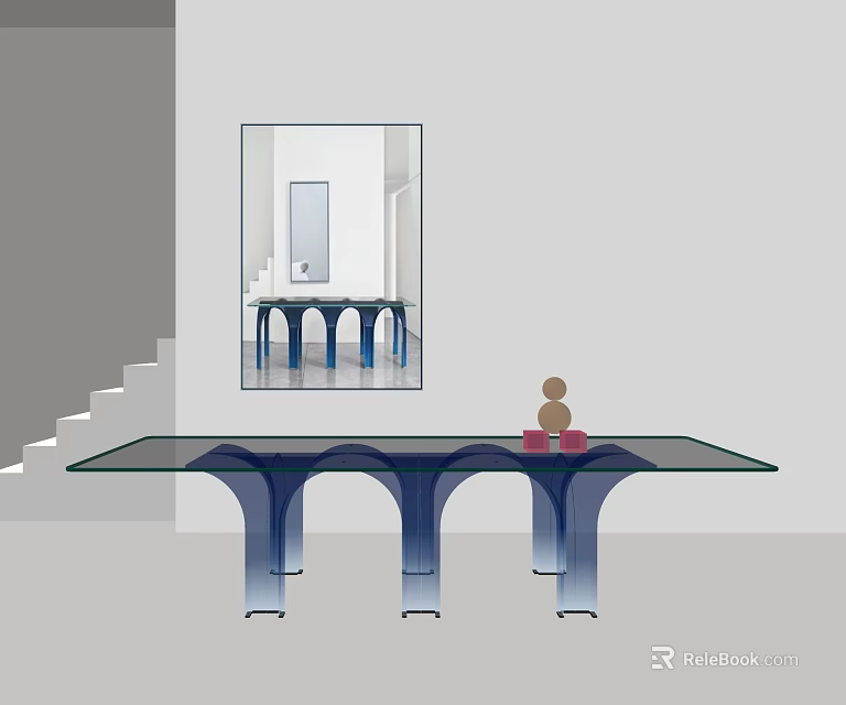 Modern Glass Top Dining Table With Blue Curved Legs And Small Decorative Ornaments 3d model 