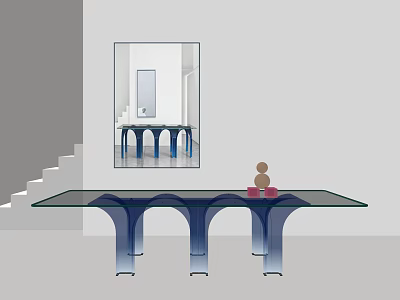 Modern Glass Top Dining Table With Blue Curved Legs And Small Decorative Ornaments 3d model