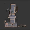 Medieval Blacksmith Workshop Structure With Tall Tower And Clay Pots