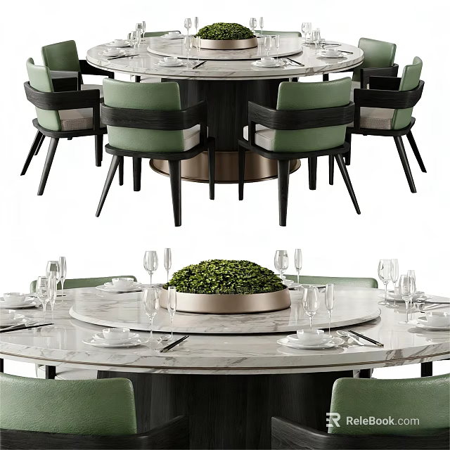 Elegant Dining Table Set With Round Marble Top Green Chairs And Tableware 3d model 