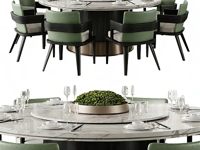 Elegant Dining Table Set With Round Marble Top Green Chairs And Tableware 3d model