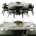 Elegant Dining Table Set With Round Marble Top Green Chairs And Tableware 3d model