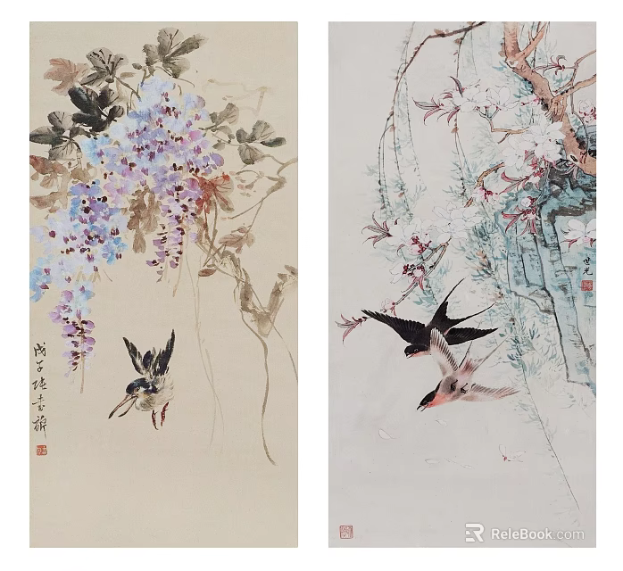 Traditional Chinese Botanical Paintings with Hanging Vines Colorful Flowers and Birds 3d model 