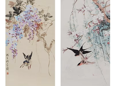 Traditional Chinese Botanical Paintings with Hanging Vines Colorful Flowers and Birds 3d model