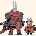 Game Movie Characters Rabbit Head Armored Figure And Small Cat Companion With Weapons