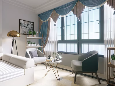 Modern Living And Dining Room Interior With White Sofa Gray Chairs And Blue Curtains 3d model
