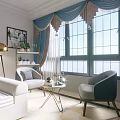 Modern Living And Dining Room Interior With White Sofa Gray Chairs And Blue Curtains