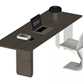 Modern Dark Wooden Desk with Laptop Black Lamp and White Chair in Minimalist Workspace